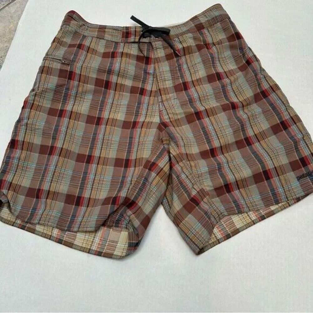 Patagonia Brown Tan Plaid Nylon Board Shorts size 35 - Picture 4 of 5